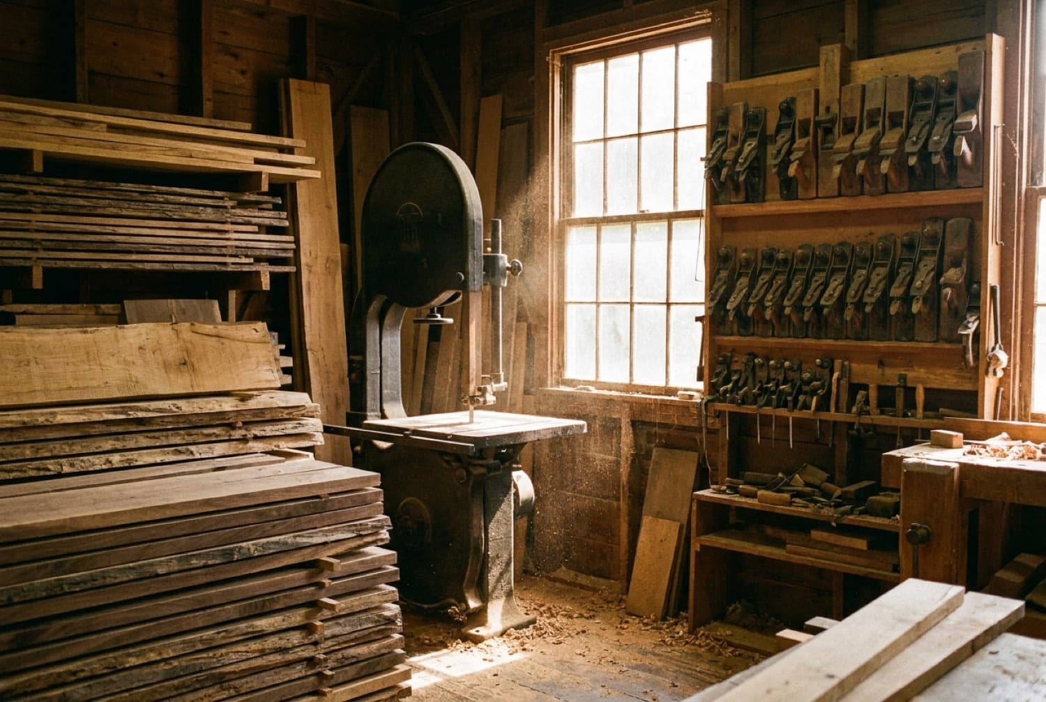 Air-dried oak and walnut boards stacked in the Rombout millwork shop
