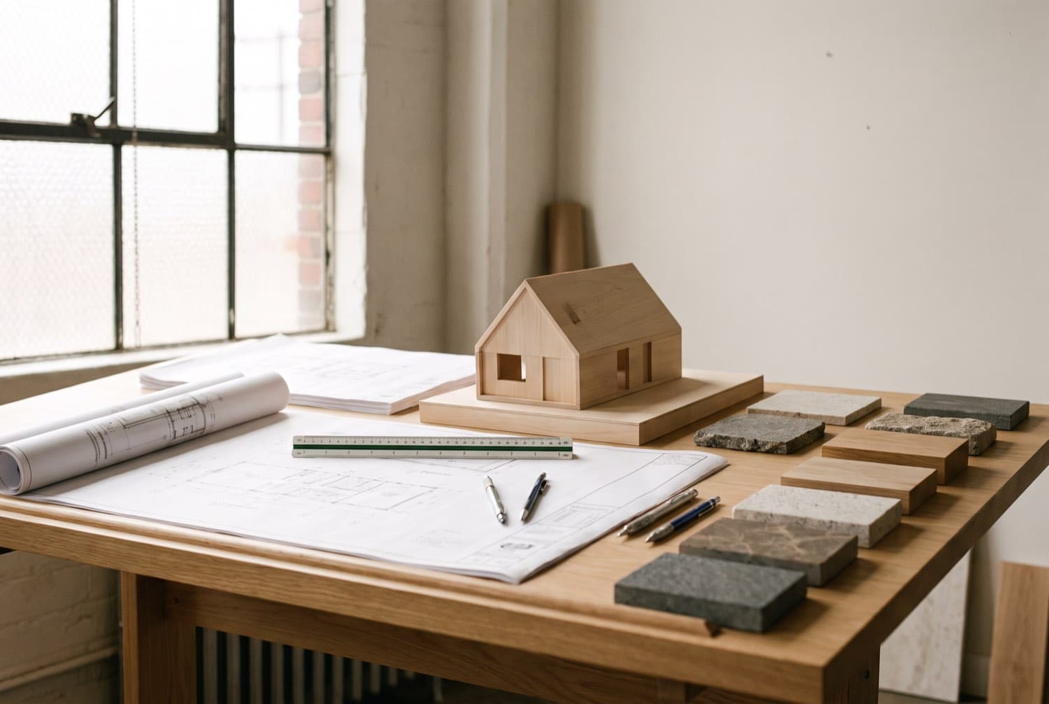 Construction drawings, a basswood study model and stone and timber samples laid out on a drafting table